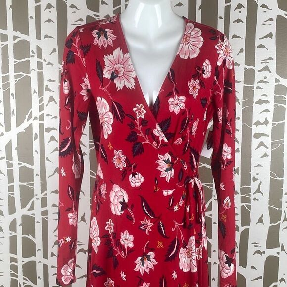 Old Navy Long Sleeve Knit True Wrap Midi Dress Red Floral NEW S Tall - Picture 3 of 11